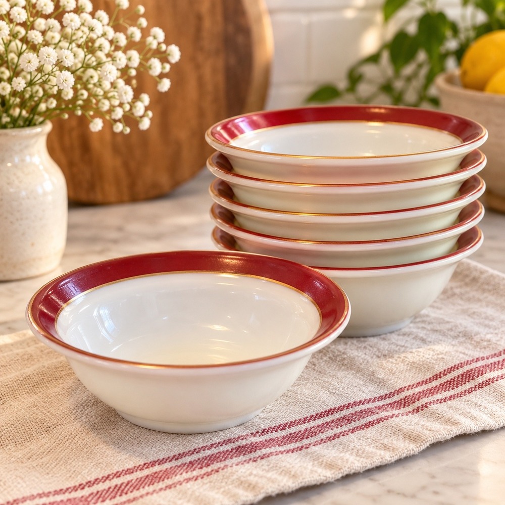 Vintage Pyrex Burgundy Gold Trim 5.5" Dessert Bowls Set of 6 MCM